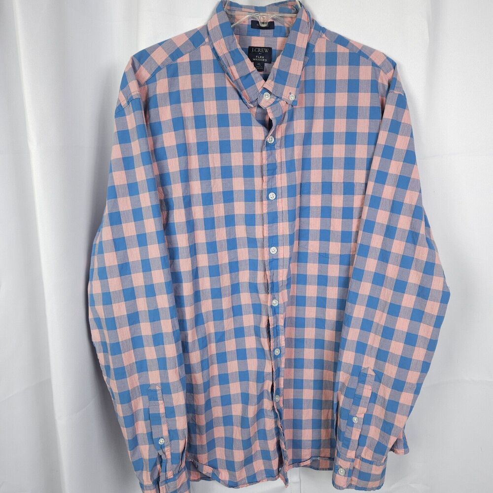 J Crew Pink Blue Plaid Flex Washed‎ Button Up Shirt Mens XL Long Sleeve